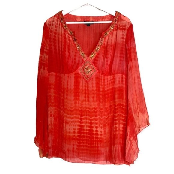 Bebe Pink Orange Tie Dye Beaded Blouse Large - Picture 1 of 7